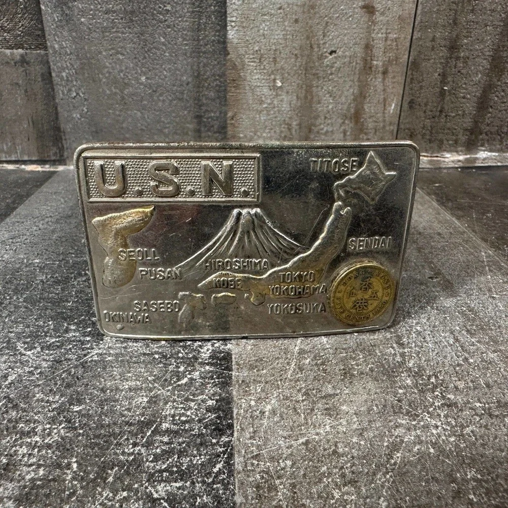 Vintage U.S.N. Belt‎ Buckle Japan, Korea United States Navy With Belt